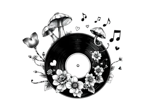 vinyl record with mushrooms, flowers, hearts, and music notes tattoo idea