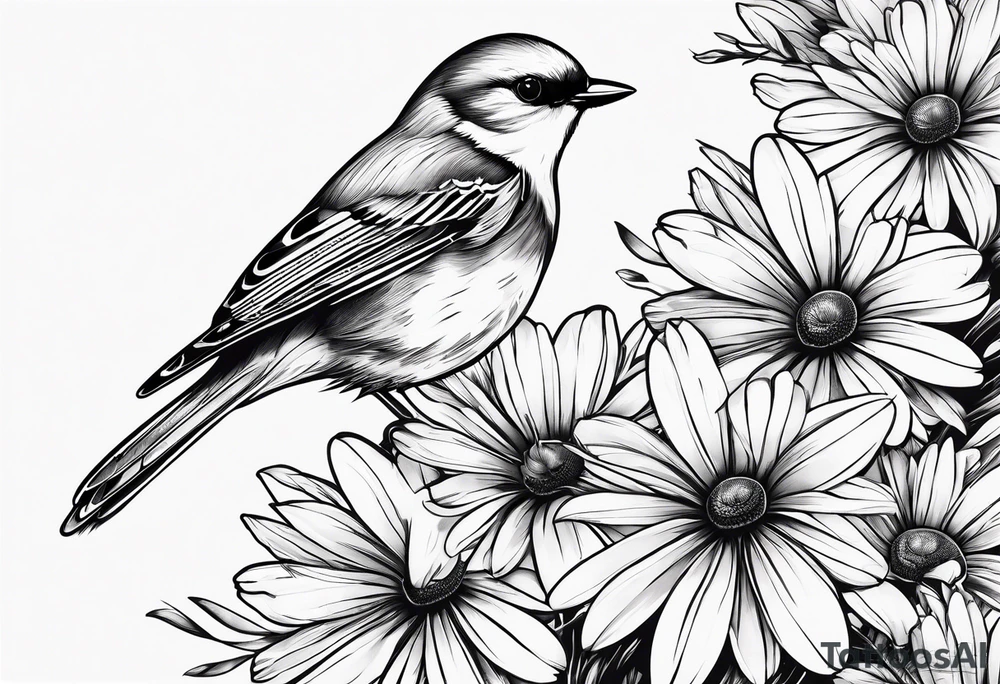 Little bird perched on a daisy flower tattoo idea