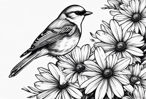 Little bird perched on a daisy flower tattoo idea
