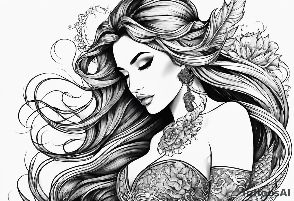 sexy full bodied mermaid with flowing tail and hair, tattoo sleeve tattoo idea