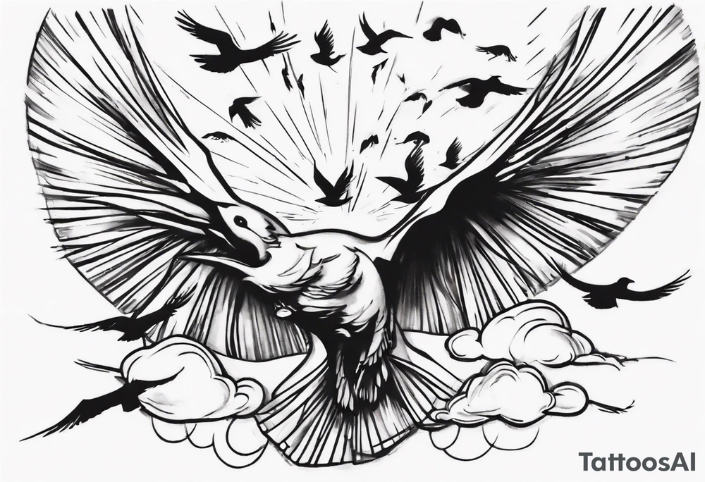 a shoulder tattoo with rays of light, clouds and birds flying free tattoo idea