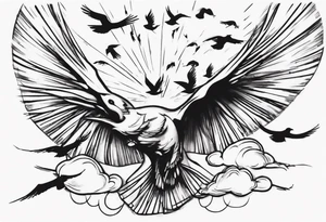 a shoulder tattoo with rays of light, clouds and birds flying free tattoo idea