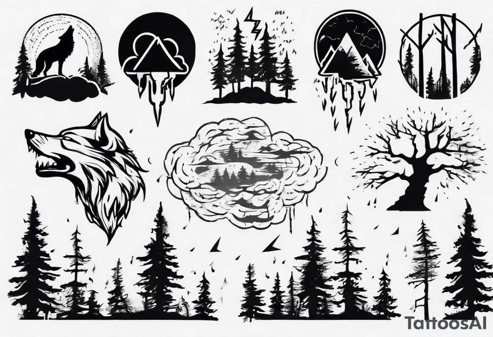 thunderstorm over a forest with a wolf howling on drums tattoo idea thunderstorm over a forest with a wolf howling on drums tattoo idea