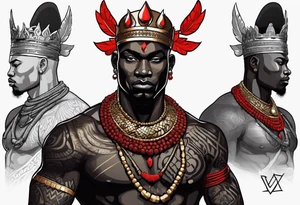 Black-skinned bald african warrior. He is a god of the war. Wears a simple red necklace and a silver crown tattoo idea