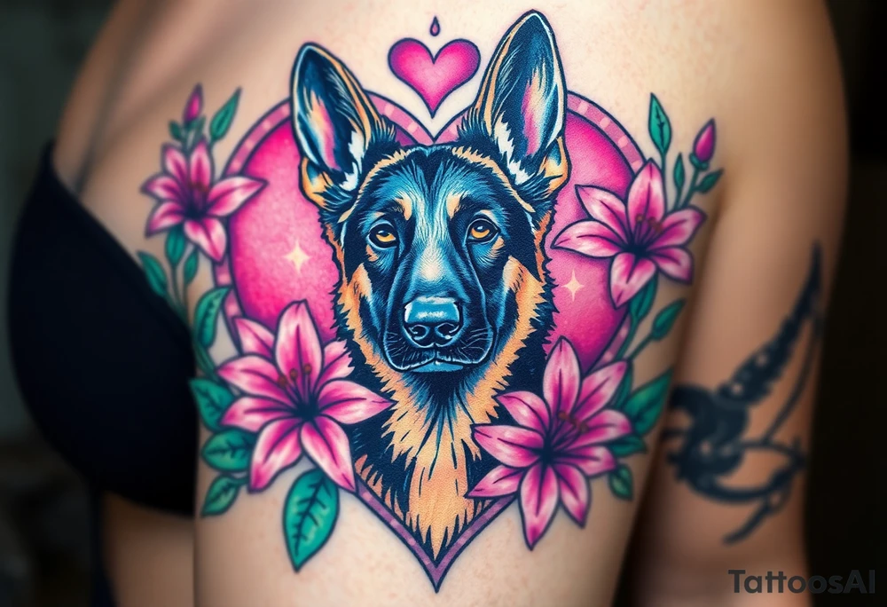 realistic german shepherd with alert ears looking protective surrounded by pink lilies with leaves in front of a sacred heart tattoo idea