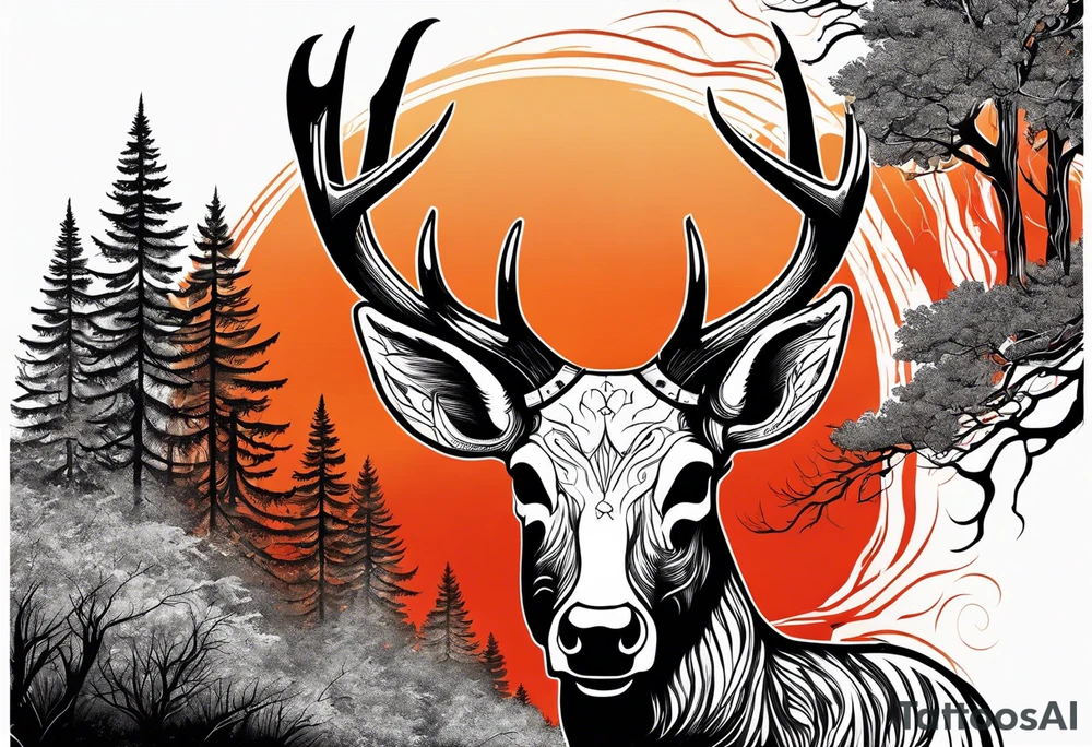 A frightening horror dead deer skull side profile surrounded by a forest fire in background tattoo idea