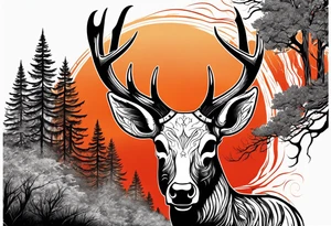A frightening horror dead deer skull side profile surrounded by a forest fire in background tattoo idea