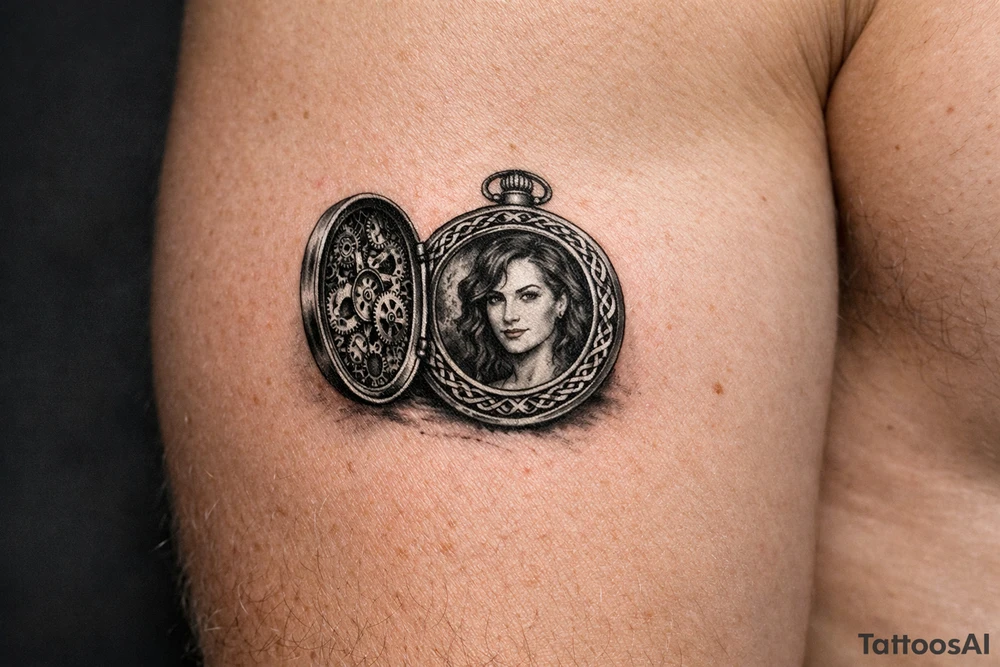 Pocket watch opened, Margo's portrait inside, brass cogs, flowing Celtic knotwork border. tattoo idea