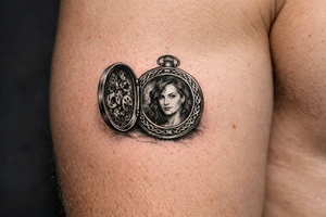 Pocket watch opened, Margo's portrait inside, brass cogs, flowing Celtic knotwork border. tattoo idea
