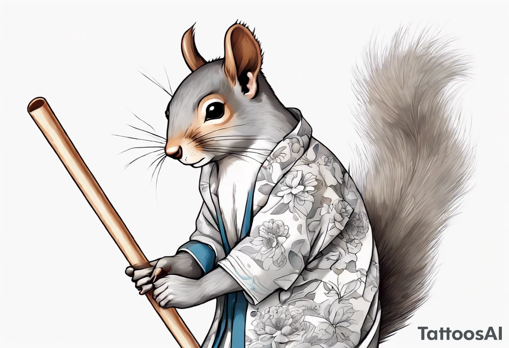 a sad grey squirrel dressed in a tunic holding a large white stick tattoo idea