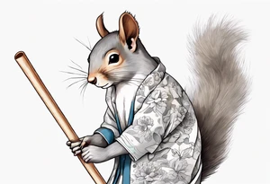 a sad grey squirrel dressed in a tunic holding a large white stick tattoo idea