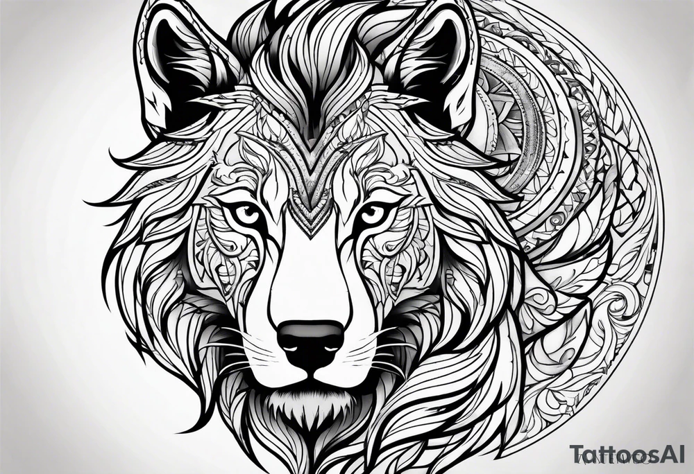 half lion half wolf head tattoo idea