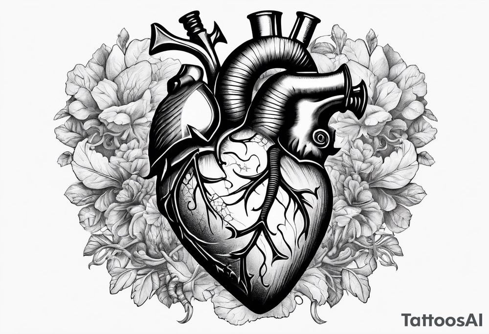 real looking anatomically correct heart that appears to be alive and pumping blood with an ancient anchor penetrating completely through it tattoo idea