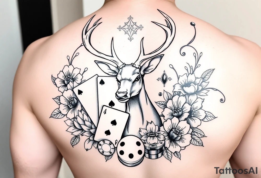 Casino theme with deer cards, dice poker, chips, and flowers and swirls in the background tattoo idea