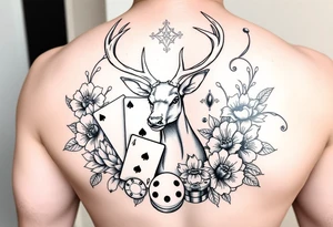 Casino theme with deer cards, dice poker, chips, and flowers and swirls in the background tattoo idea