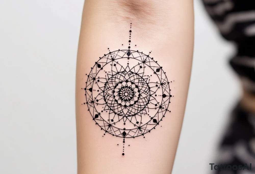 simple, minimalist tattoo, sacred geometry mandala, centerpiece design, dotwork patterns, radiating geometry, symmetrical mandala, geometric shapes, intricate dotwork, sacred patterns, mandala center, geometric radiating, fine line work, black grey shading, minimalist design, no outlines, arm placement, delicate linework, precise geometry, clean symmetry, sacred symbols, geometric precision, dotwork details, mandala focal point, refined patterns, understated complexity, geometric harmony, minimalist tattoo idea
