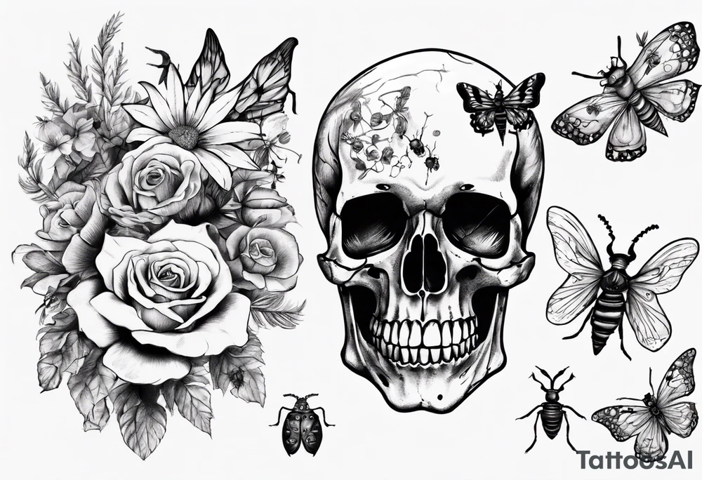 Female skull with flowers and bugs around it tattoo idea