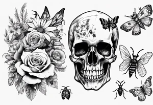 Female skull with flowers and bugs around it tattoo idea
