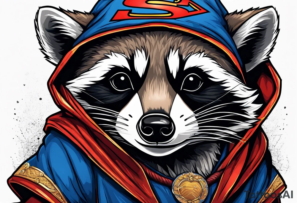 raccoon wearing a Superman hoodie tattoo idea