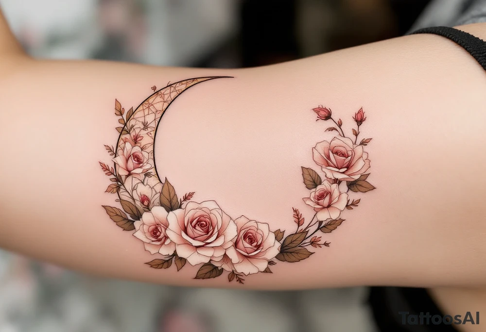 A crescent moon adorned with delicate roses and leaves, with the Virgo symbol subtly hidden within the floral design. This piece is done in dusty pink, beige, and soft brown, creating a warm, romantic, and timeless look. tattoo idea