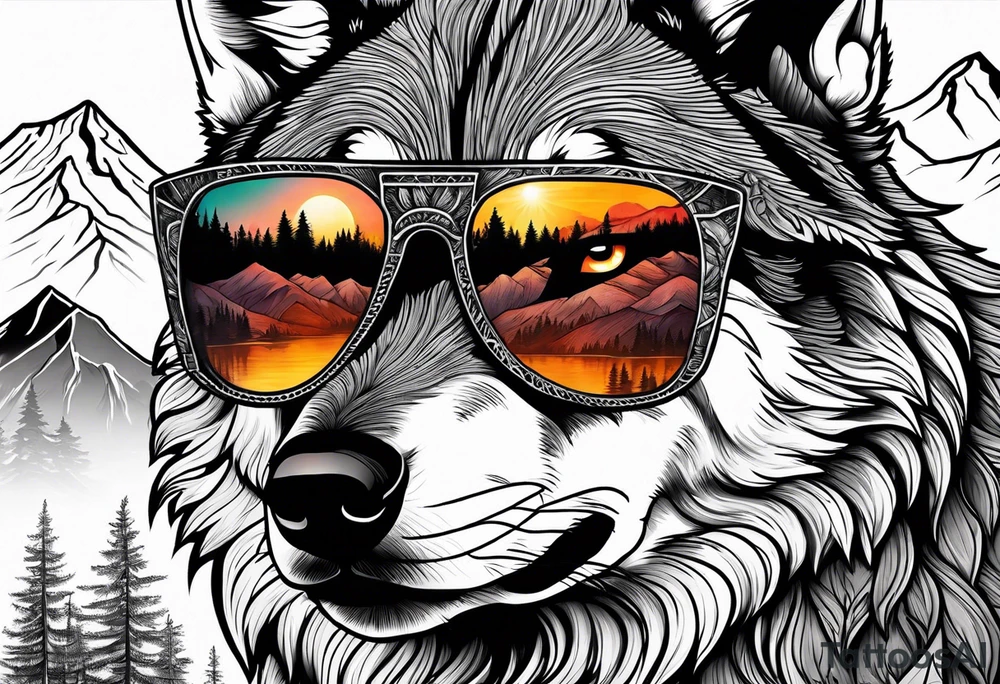 Badass wolf wearing sunglasses
Dark woods
Mountain peaks
Sunset tattoo idea