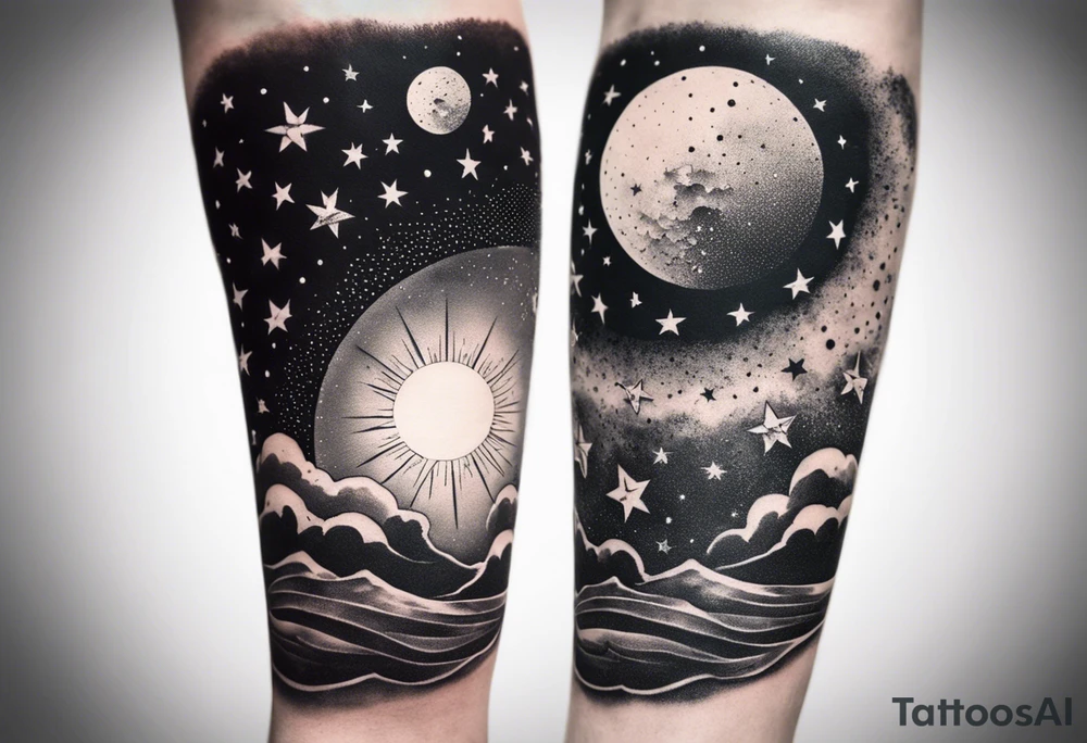 Collage for full left arm sleeve with:
a sun with a quarter moon, 
2 stars,
bass guitar, 
caduceus symbol tattoo idea