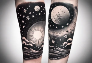Collage for full left arm sleeve with:
a sun with a quarter moon, 
2 stars,
bass guitar, 
caduceus symbol tattoo idea