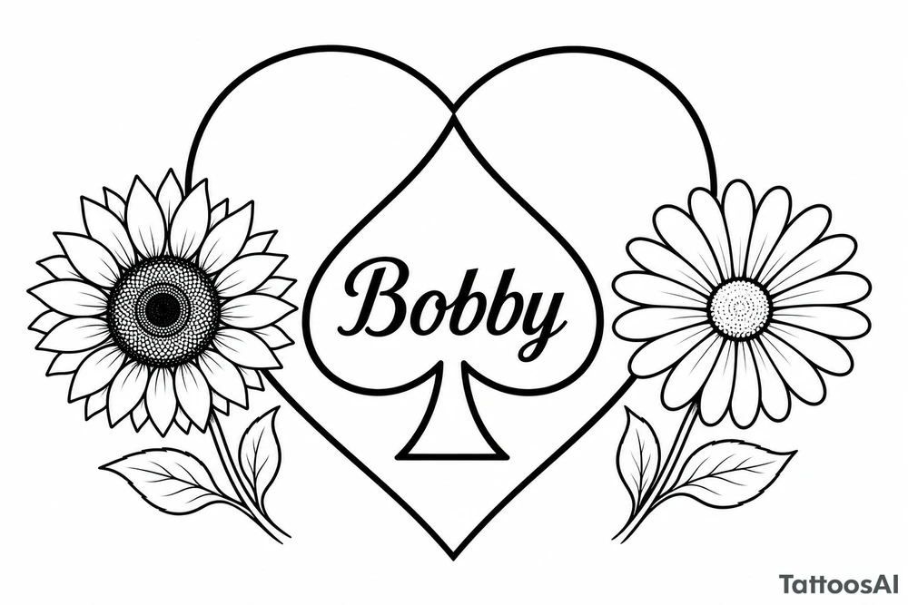 Bobby middle center inside the middle of the spade with a heart around the spade with a sunflower and a daisy on each side of the heart very super extremely traceable to trace onto notebook paper, very super extremely easy and simple traceable tracing black and white outlining outline coloring pages very super extremely traceable to trace onto notebook paper tattoo idea