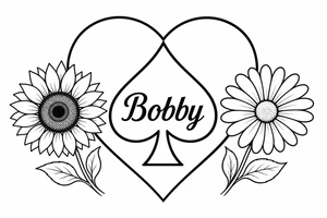 Bobby middle center inside the middle of the spade with a heart around the spade with a sunflower and a daisy on each side of the heart very super extremely traceable to trace onto notebook paper, very super extremely easy and simple traceable tracing black and white outlining outline coloring pages very super extremely traceable to trace onto notebook paper tattoo idea
