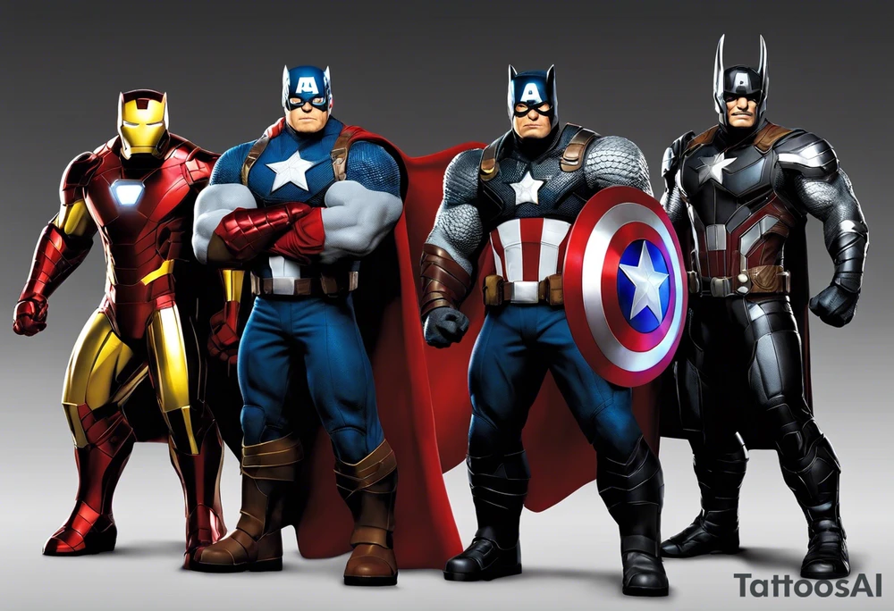 A super hero team which is combination of animals. For example:
Hulk will be represented by a Badger.
Thor will be depicted as an Alpha Grey Wolf.
Captain America will be symbolized by a Bull.
Iron Man's character will be embodied by a Canary.
Black Widow's role will be portrayed by an Axolotl.
Hawkeye will be depicted as a Sudan Plated Lizard.
Nick Fury will be represented by a Cat. tattoo idea