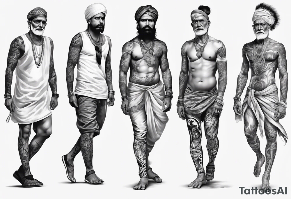 indian man realistic leg sleeve tattoo idea