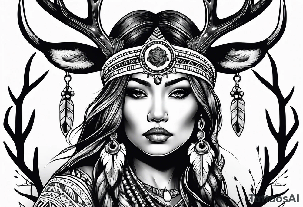 Native American woman with deer antlers tattoo idea