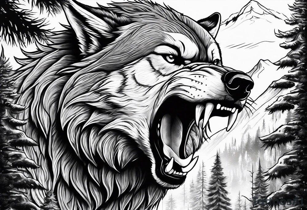 Detailed powerful angry AlphaWolf in Front of a scary forest tattoo idea