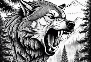 Detailed powerful angry AlphaWolf in Front of a scary forest tattoo idea