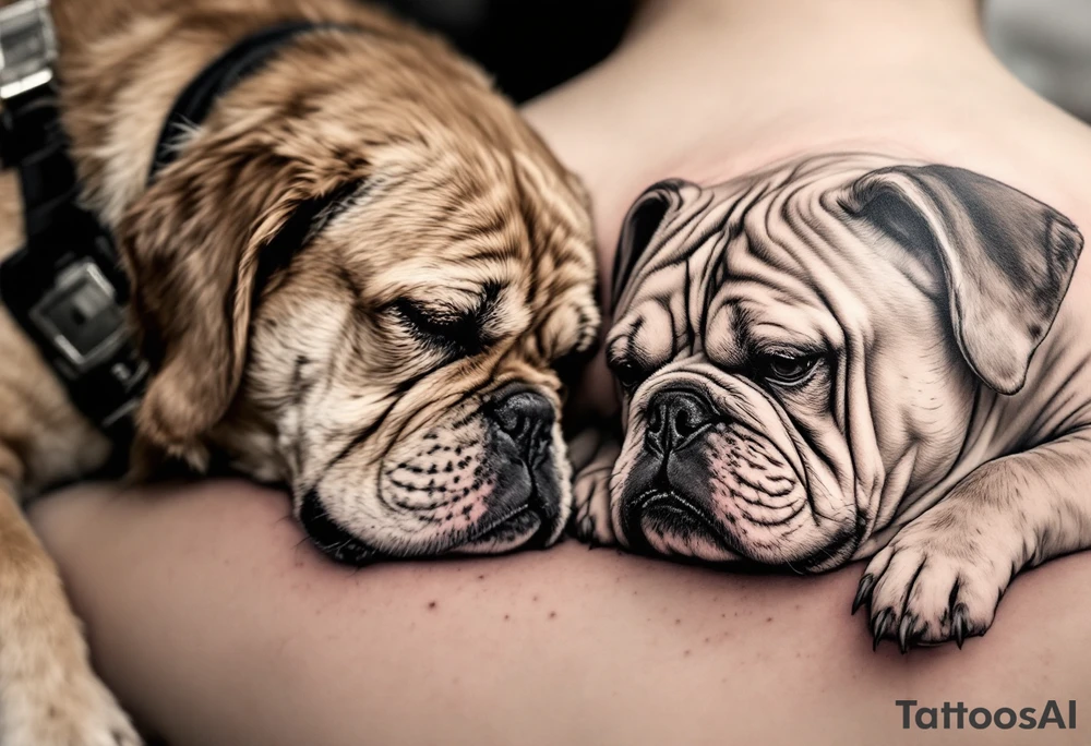 a golden retriever and an English bulldog, lying on their sides, head to head, foreheads touching, golden's head is larger than bulldog's tattoo idea