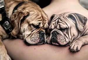 a golden retriever and an English bulldog, lying on their sides, head to head, foreheads touching, golden's head is larger than bulldog's tattoo idea