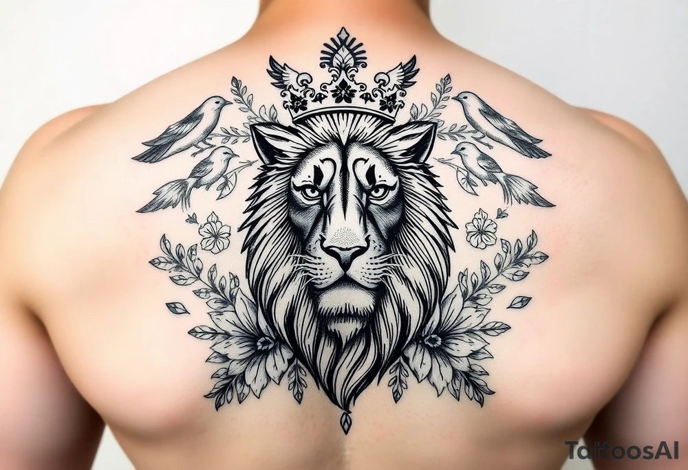 powerful majestic lion with a crown, surrounded by floral ornaments and birds tattoo idea