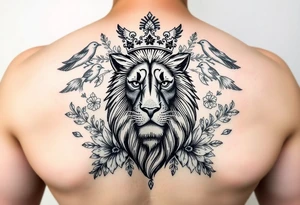 powerful majestic lion with a crown, surrounded by floral ornaments and birds tattoo idea