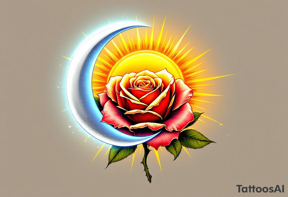 Behind the rose, a glowing golden sun with sharp rays extending outward, painted in warm yellows and oranges to create a vibrant, fiery aura around the flower. The sun symbolizes energy, life, and growth. The light from the sun subtly illuminates the rose, reflecting its warmth. On the opposite side of the rose, a soft silver crescent moon, painted in light silver with soft blue highlights, casting a gentle glow over the rose. The moon represents calm, serenity, and the quieter aspects of love. The moon’s soft glow balances the brightness of the sun, symbolizing the balance between day and night. tattoo idea