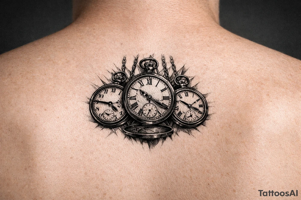 Cluster of three open pocket watches, suspended on chains.  show on upper arm tattoo idea