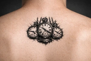 Cluster of three open pocket watches, suspended on chains.  show on upper arm tattoo idea