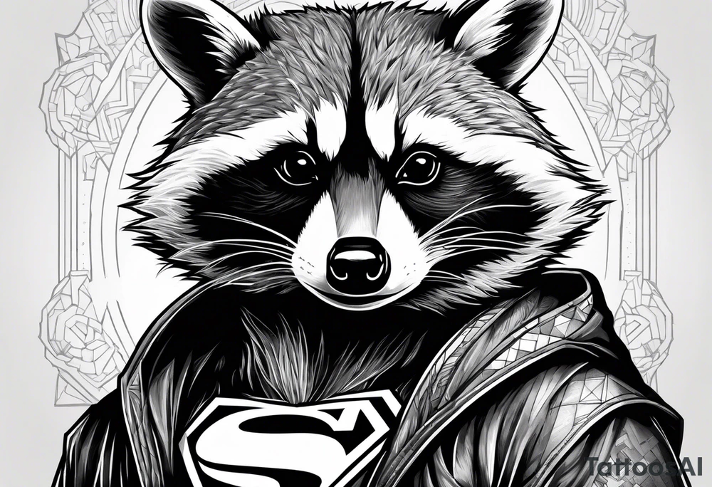 raccoon wearing a Superman hoodie tattoo idea