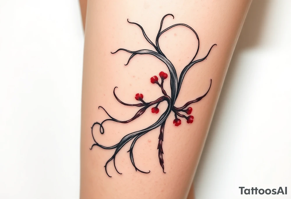 Elegant tattoo design featuring Asparagopsis taxiformis seaweed, graceful flowing tendrils, watercolor style with red accents, wrapping around calf, organic movement, marine botanical art” tattoo idea
