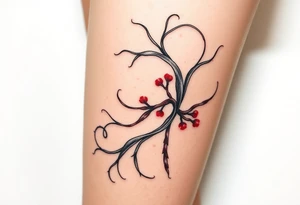 Elegant tattoo design featuring Asparagopsis taxiformis seaweed, graceful flowing tendrils, watercolor style with red accents, wrapping around calf, organic movement, marine botanical art” tattoo idea