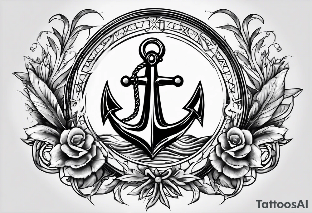 A selucid style anchor in front of a compass with north south east west marked on it and a narrow laurel wreathe wrapped around the compass tattoo idea