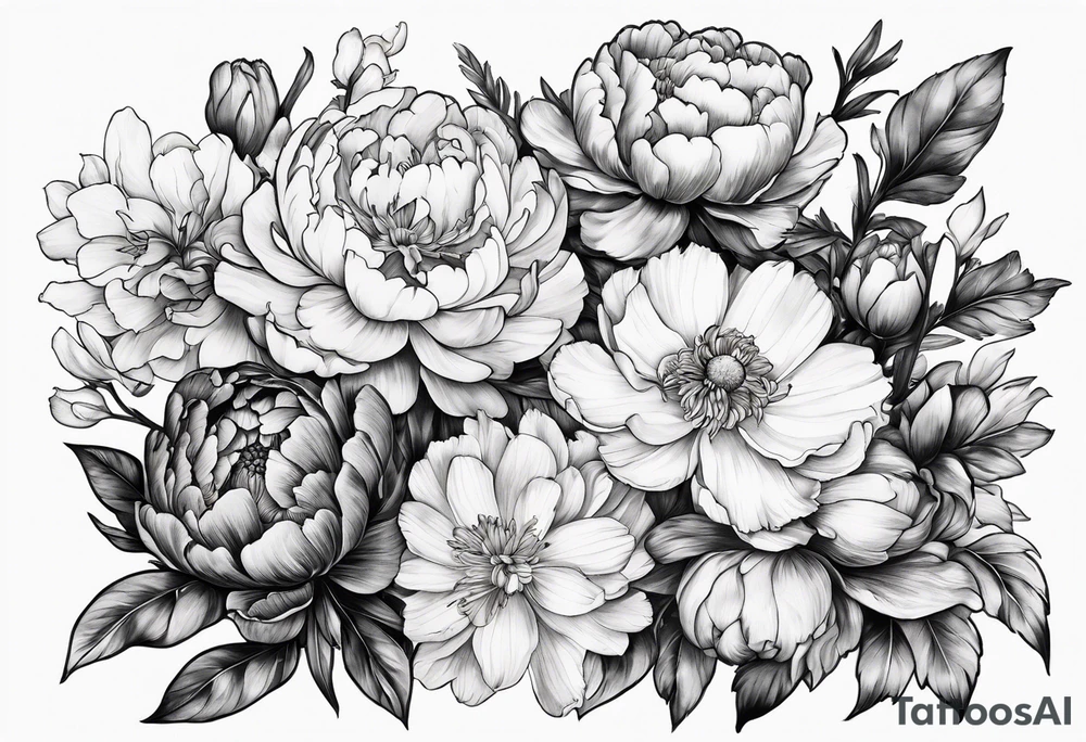 marigold, peony, and narcissus side by side tattoo idea marigold, peony, and narcissus side by side tattoo idea