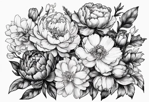 marigold, peony, and narcissus side by side tattoo idea