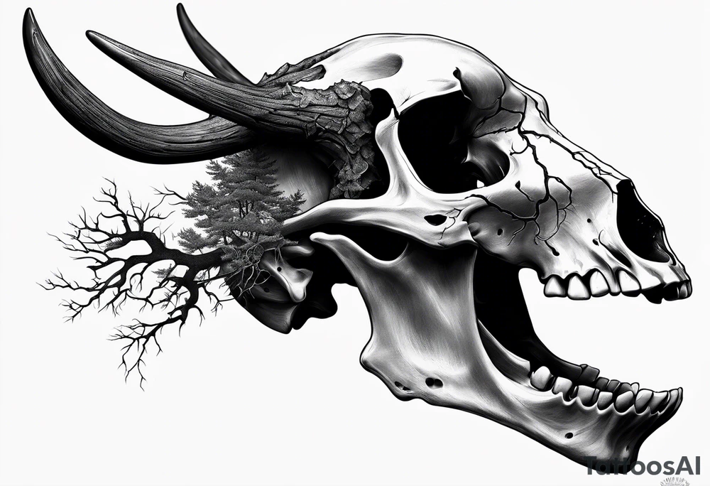 A side view of a decayed deer skull with no skin JUST BONE FOREST FIRE tattoo idea