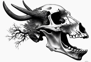 A side view of a decayed deer skull with no skin JUST BONE FOREST FIRE tattoo idea