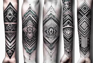 forearm band tattoos, 3 separate segments, solid shapes, Black more dominate color tattoo idea